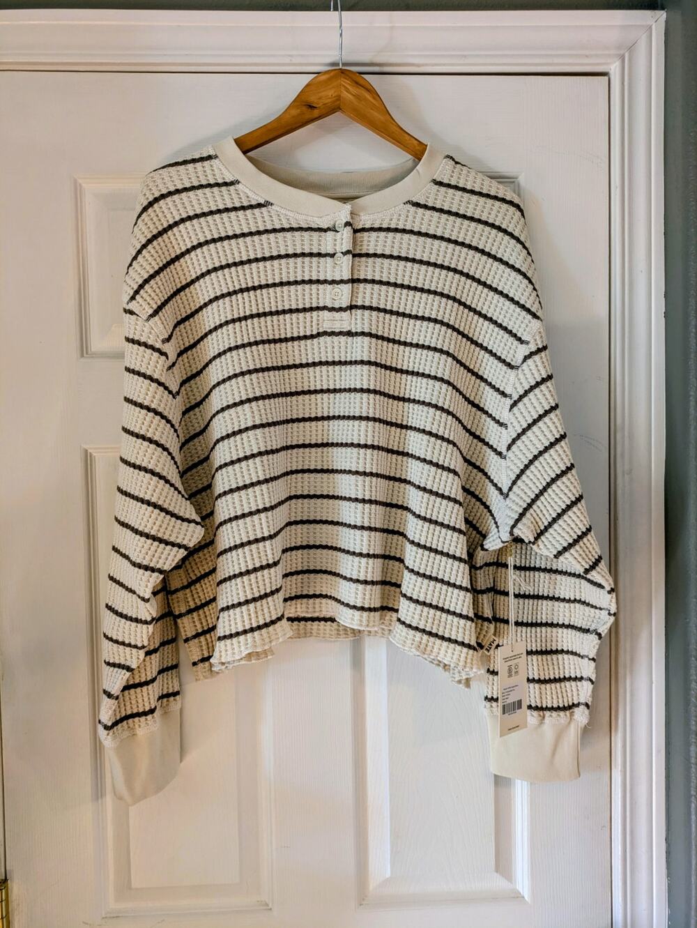 MATE The Label Organic Waffle Cropped Henley XL NWT Pebble Stripe